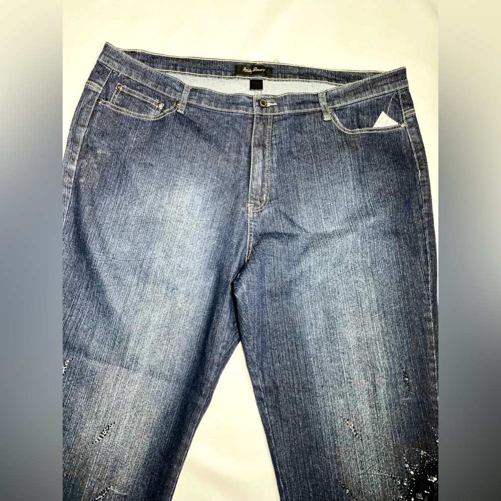 Embellished deep blue denim jeans Sequin Black Lace Embroidered Capri - Picture 6 of 13